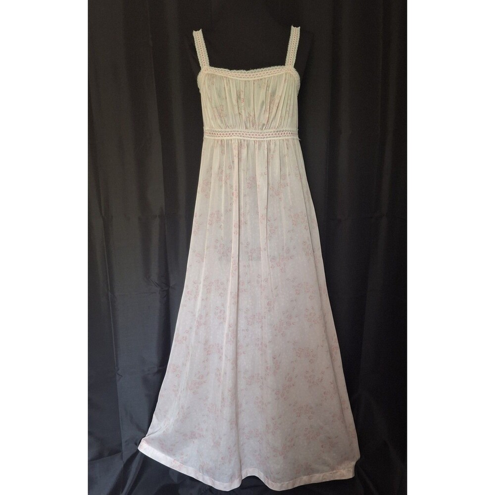 Vtg 70s Rose  Lace Trim Nightgown empire waist fairy whimsy semi sheer Komar M